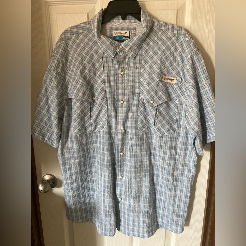 Magellan Outdoors Light Blue Checkered Shirt pearl snap Mens XXL